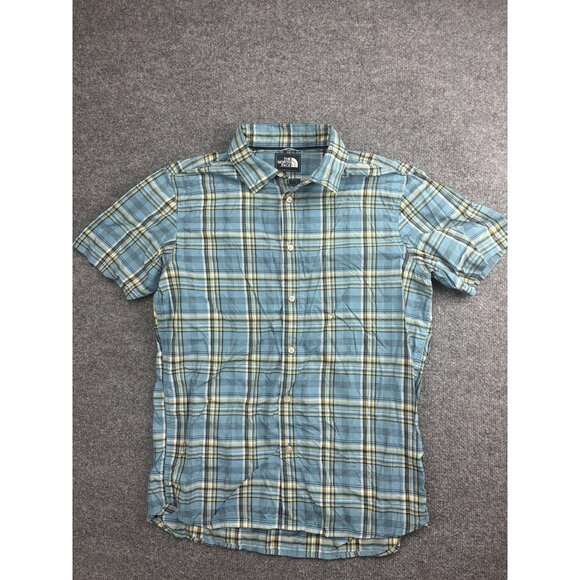 The North Face Shirt Mens Large Blue Plaid Short Sleeve Button Up Nylon Outdoor - Picture 1 of 6